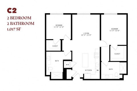 Floor plan for 2 beds, 2 baths, 1017 sqft